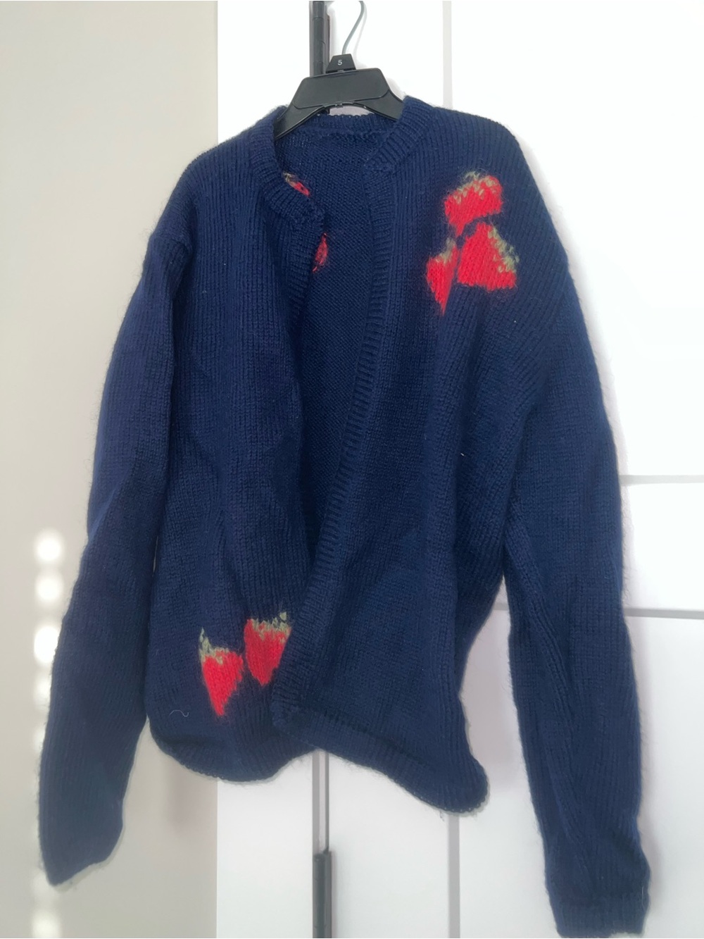 Source Unknown Navy Cardigan Sweater with Strawberry motifs
